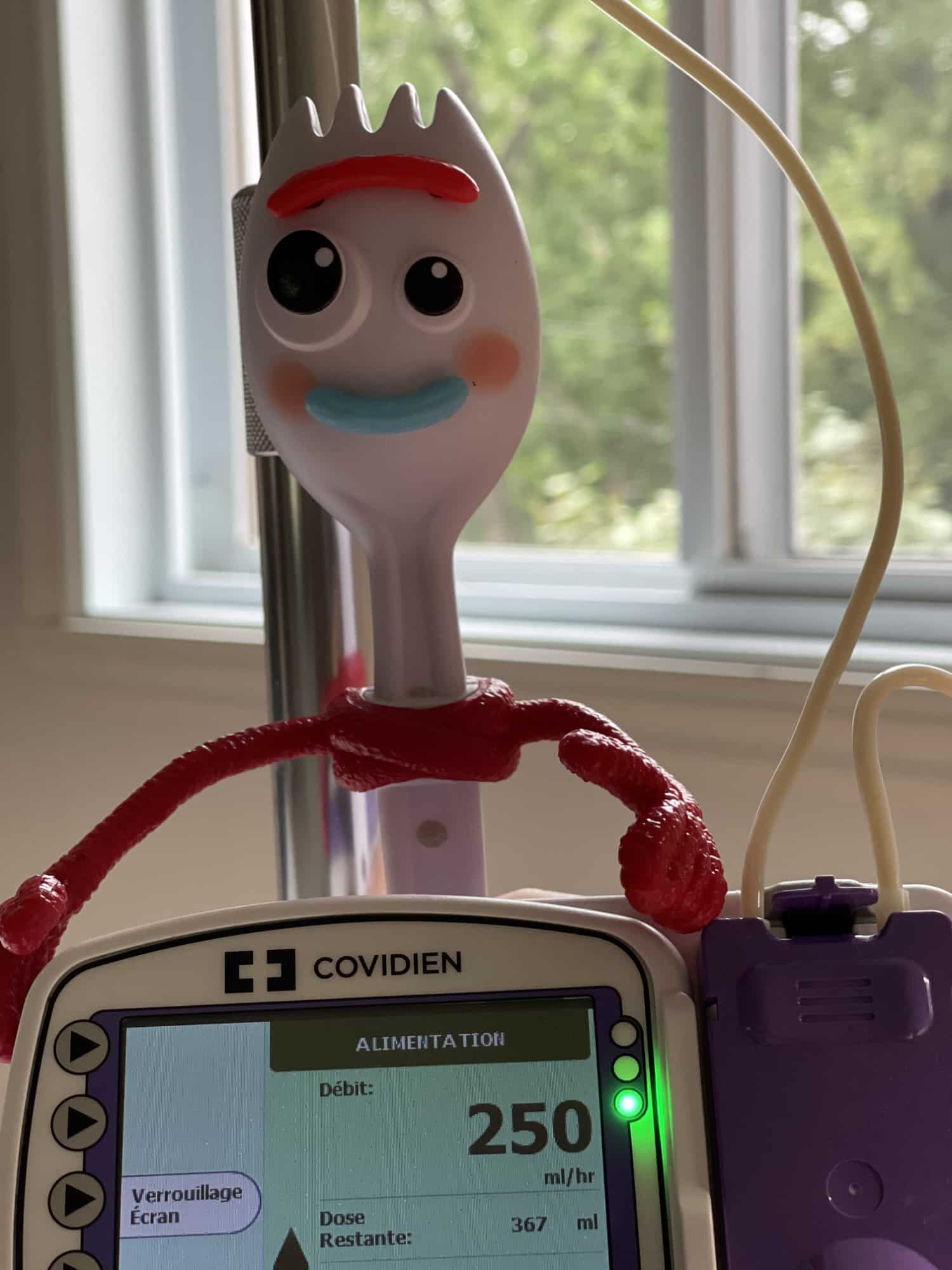La pompe d'alimentation entérale réglée à 250, une figurine posée dessus.