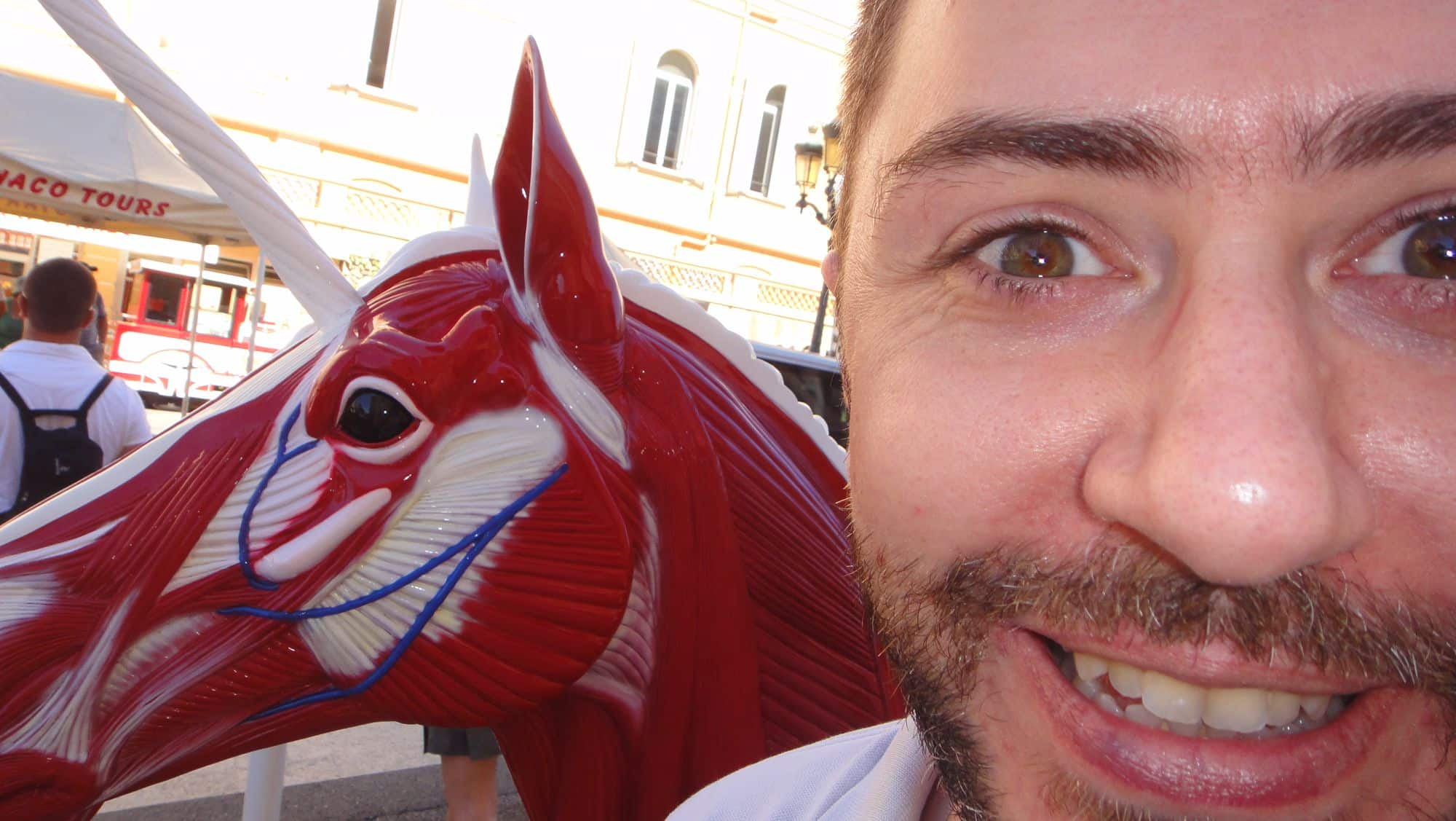 Un égoportrait à côté d'un cheval de manège rouge.