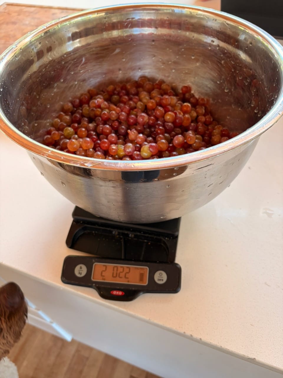 Les raisins égrappés dans un bol posé sur la balance de cuisine, qui affiche 2 022 grammes.