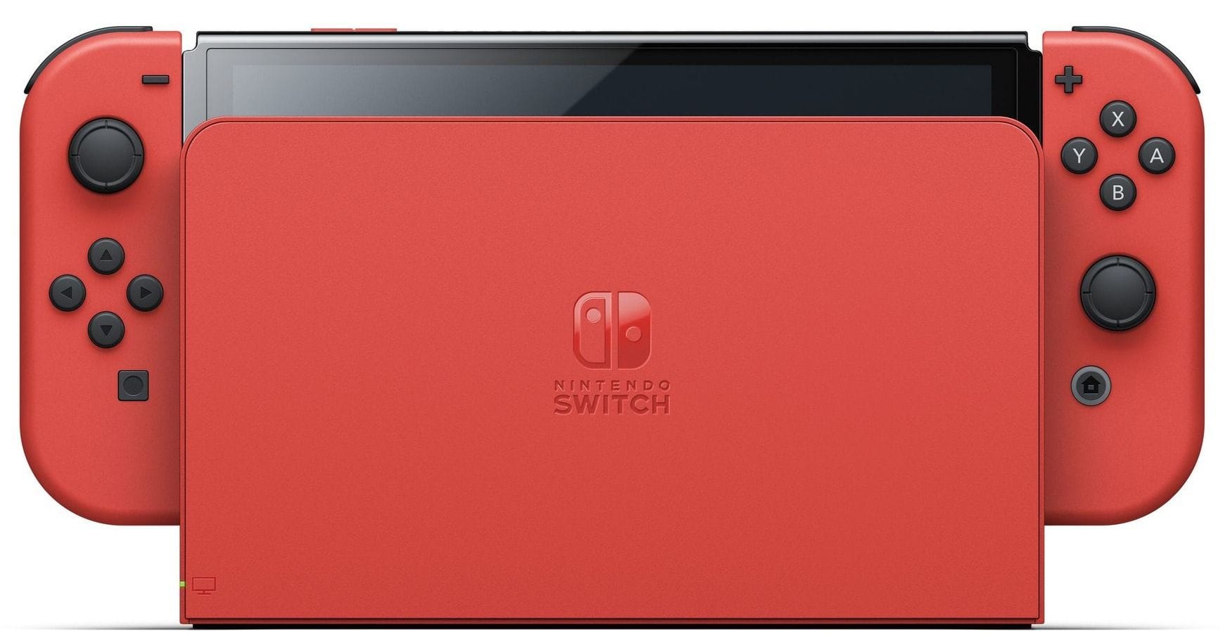Une console Nintendo Switch rouge, vue de dos sur son socle.