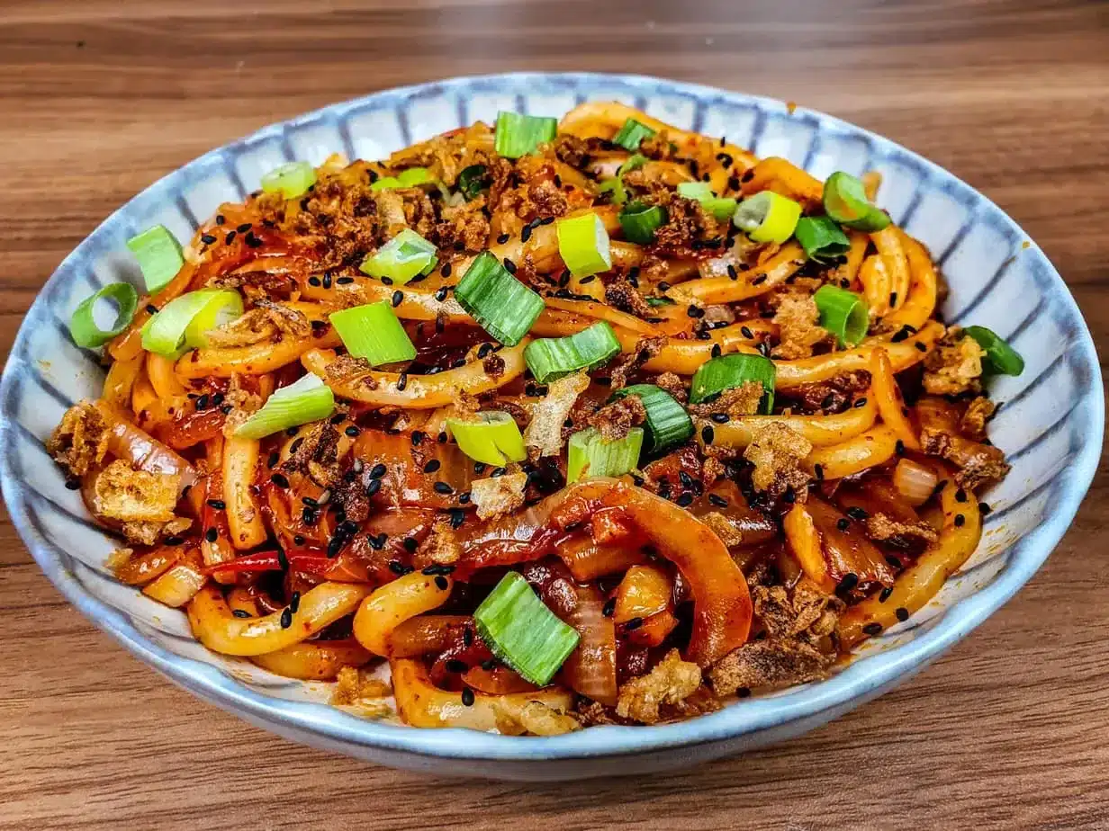 Des nouilles sautées au bœuf haché et aux légumes.