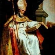 Peinture d'Isidore de Séville en habit d'évêque, un livre à la main.