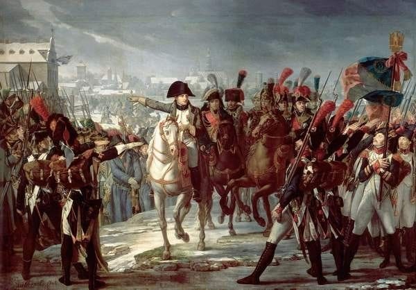 Peinture de Napoléon à cheval au milieu de ses soldats.