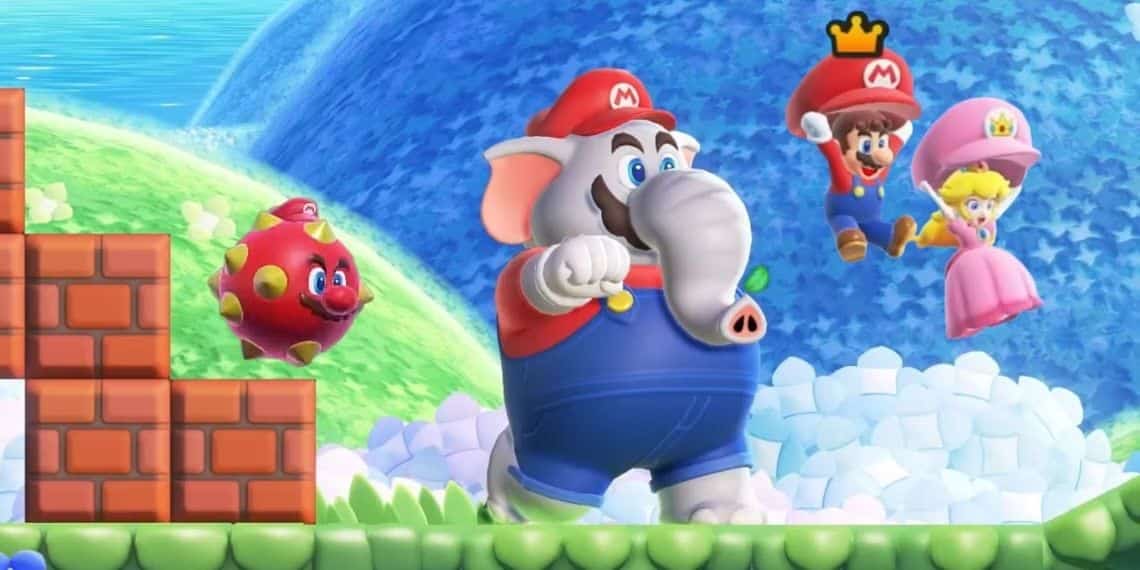 Illustration de Super Mario Bros. Wonder : Mario transformé en éléphant, avec Peach et un Toad.