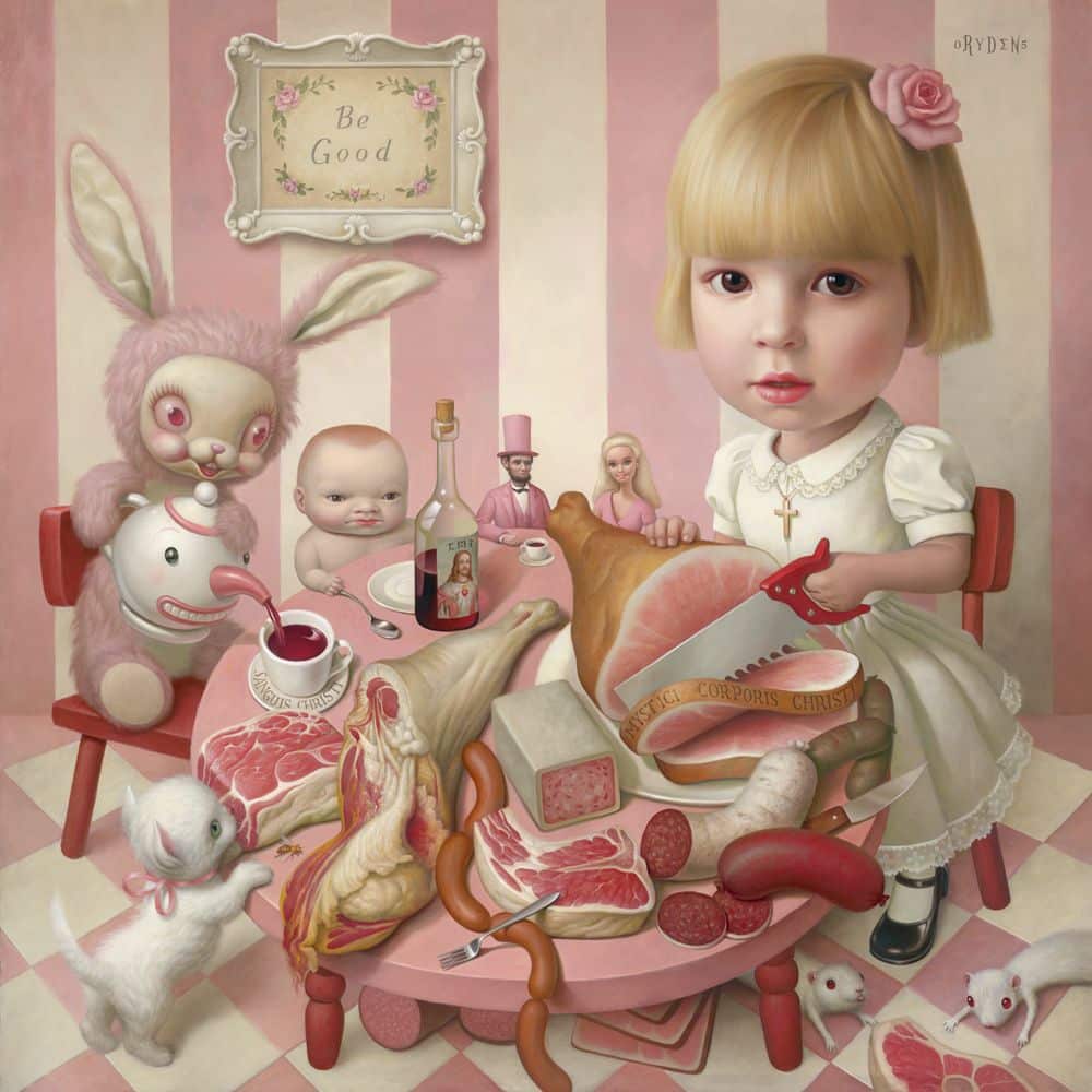 Peinture de Mark Ryden : une fillette aux grands yeux entourée de jouets et de viande, dans une chambre rose.