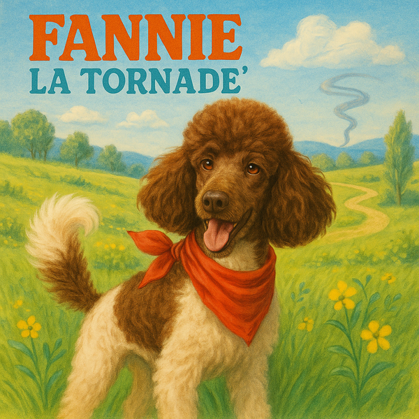 Fannie illustrée, foulard orange au cou, dans un pré fleuri.