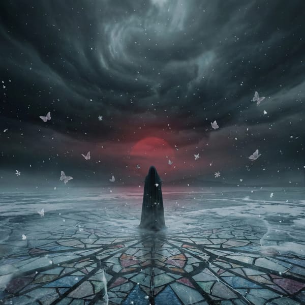 Une silhouette encapuchonnée face à un ciel noir tourmenté, sur une glace craquelée.