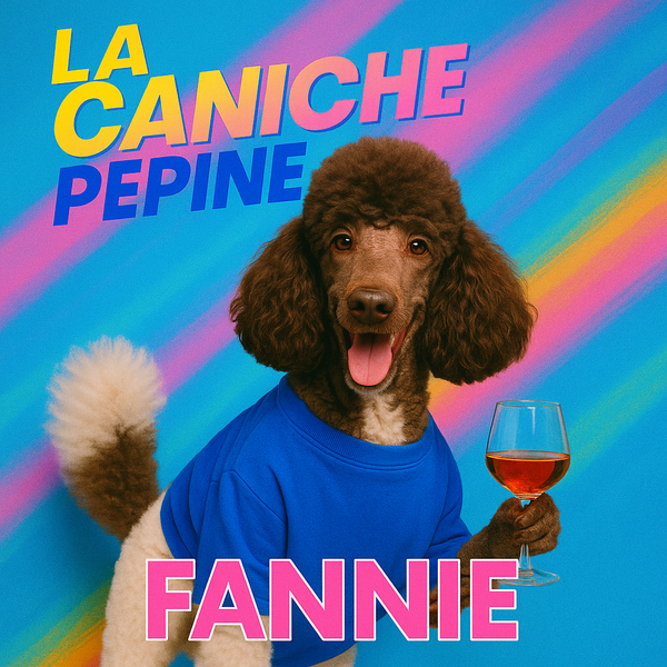 Fannie, caniche brune en t-shirt bleu, lève un verre sur fond arc-en-ciel.