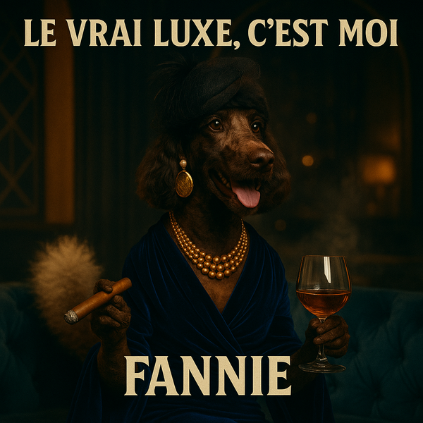 Fannie en grande dame : perles, turban, cigare et verre à la main.