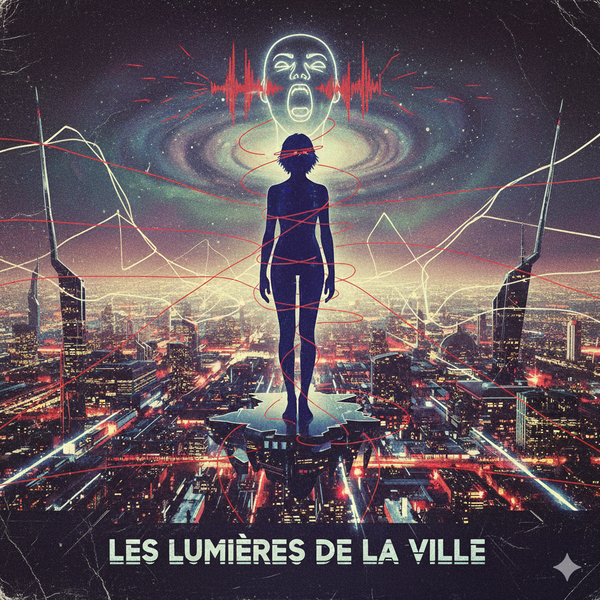 Une silhouette domine une ville illuminée, sous un ciel traversé d'ondes.