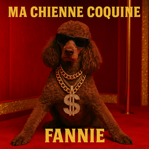 Fannie en lunettes noires et grosse chaîne dorée, devant un rideau rouge.
