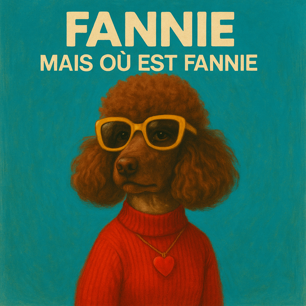 Portrait peint de Fannie en col roulé rouge et lunettes jaunes, sur fond turquoise.