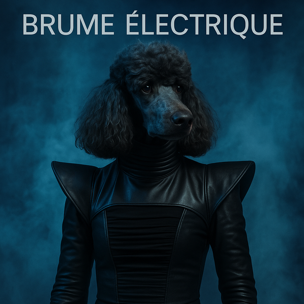 Caniche noire en blouson de cuir, dans une brume bleutée.