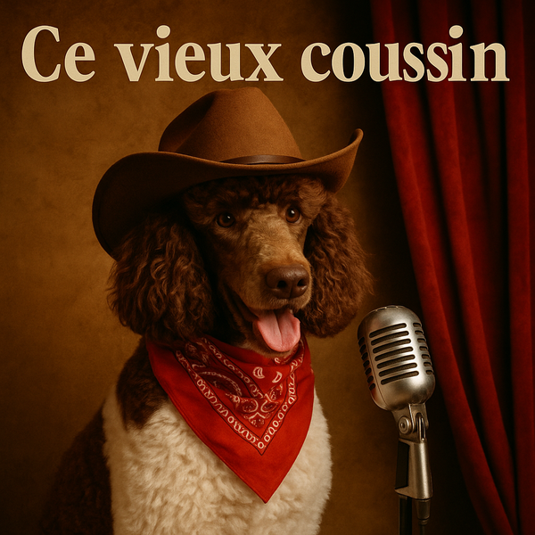Fannie en chapeau de cowboy et foulard rouge, devant un micro d'époque.