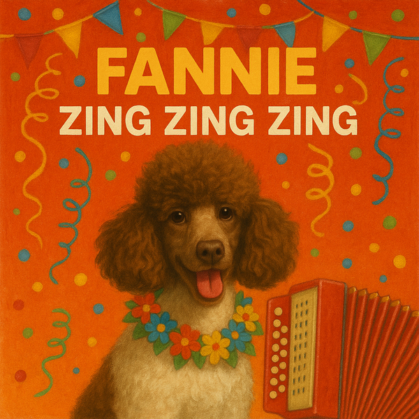 Fannie et son accordéon, sur fond de guirlandes et de confettis.