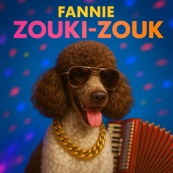 Fannie en lunettes d'aviateur et chaîne dorée, accordéon à la patte, sur fond de confettis.